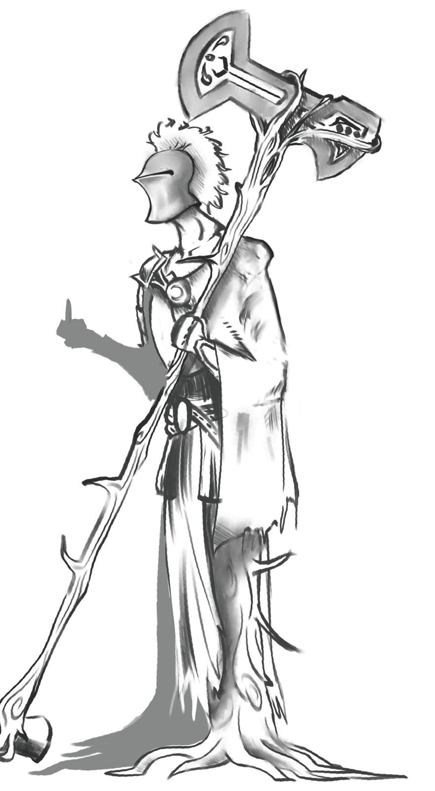 The Antlered, pose 2: robed figure with a hammer-topped staff