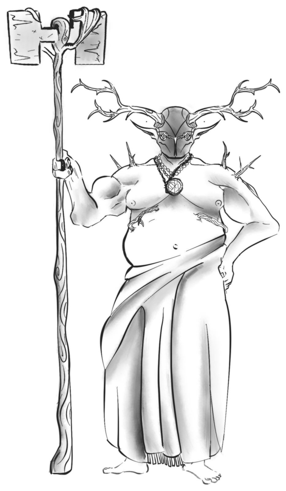 The Antlered, pose 3: heavyset antlered figure with a war hammer