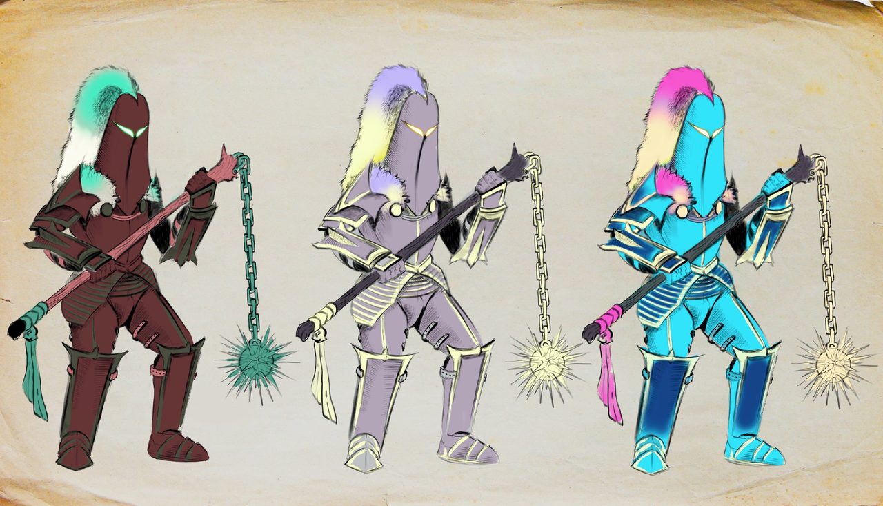 The flail knight in three colorways: oxblood and teal, lavender and gold, and cyan with magenta plumes