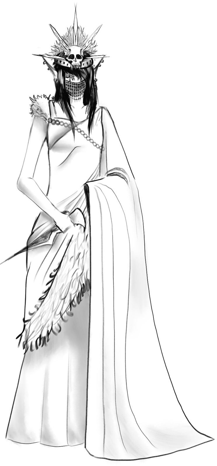 The Sorceress, pose 1: skull-crowned, holding a feathered blade