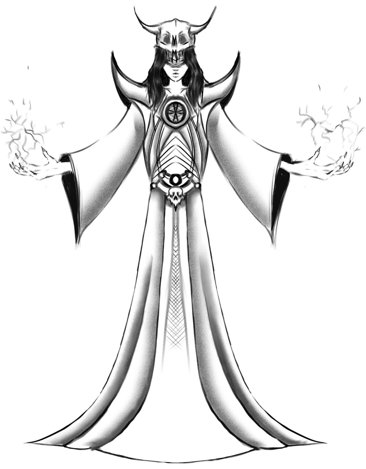 The Sorceress, pose 2: horned, light gathering in both hands