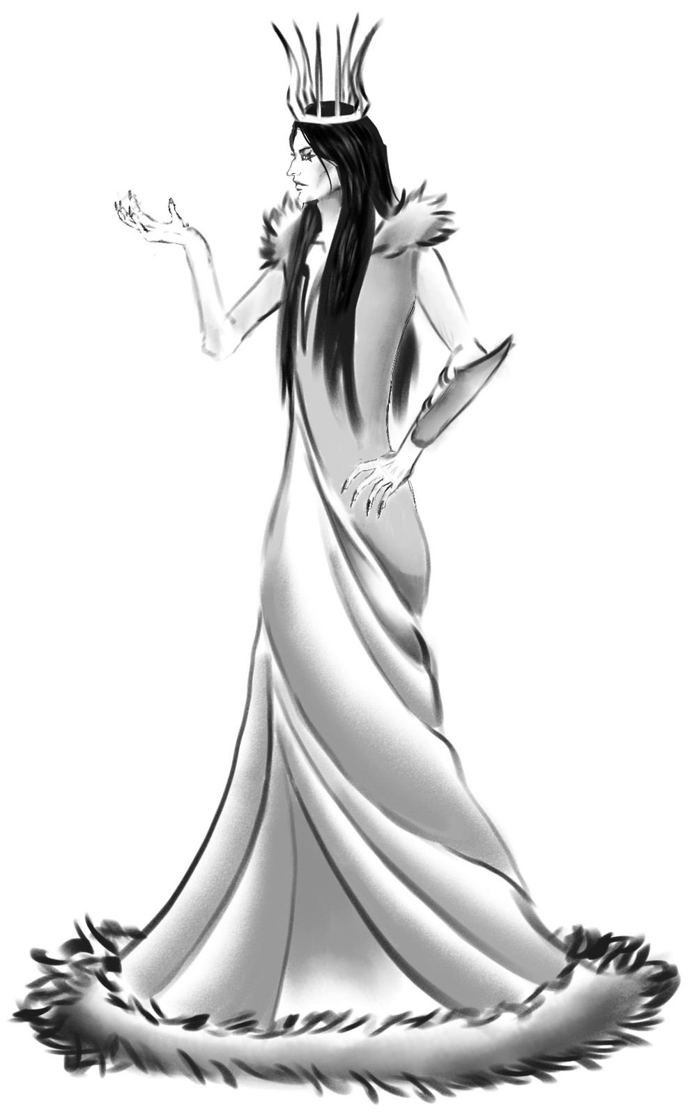 The Sorceress, pose 3: crowned, in a fur-hemmed gown