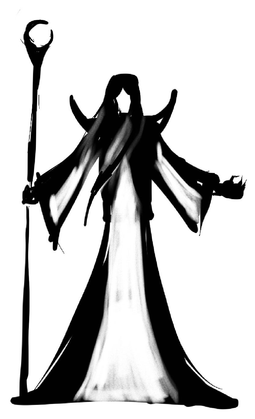 Silhouette: robed, with a staff