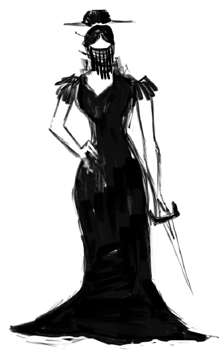 Silhouette: masked, in a long gown