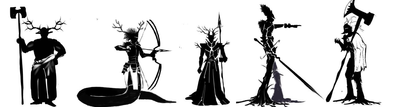 The antlered figure's five silhouette studies