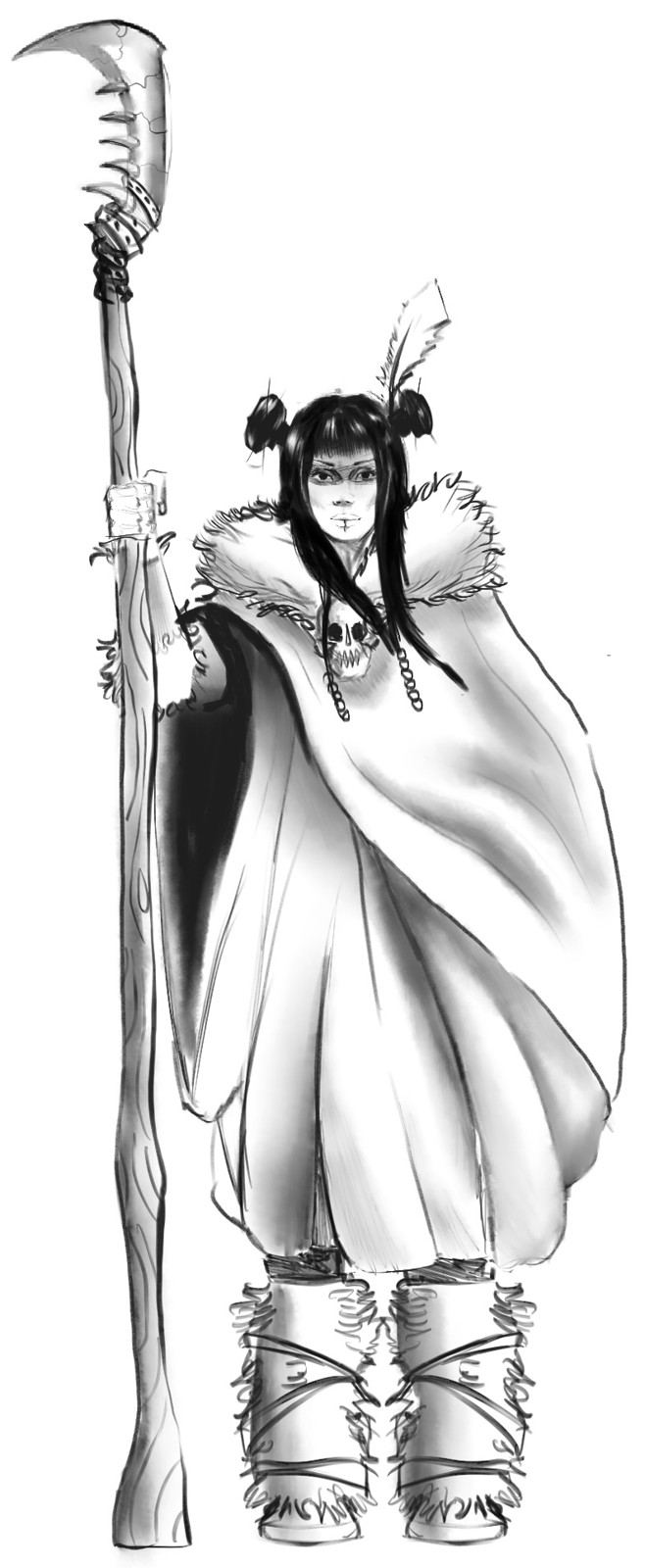 The Warrior, pose 1: cloaked, holding a hooked staff