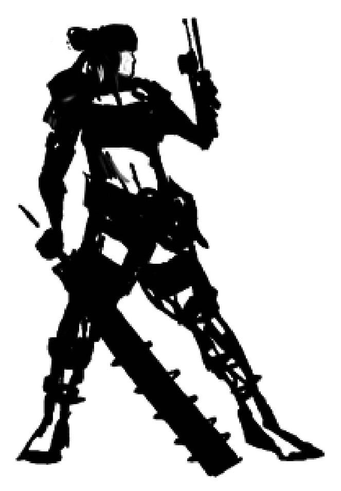 Armored silhouette with a saw-toothed weapon